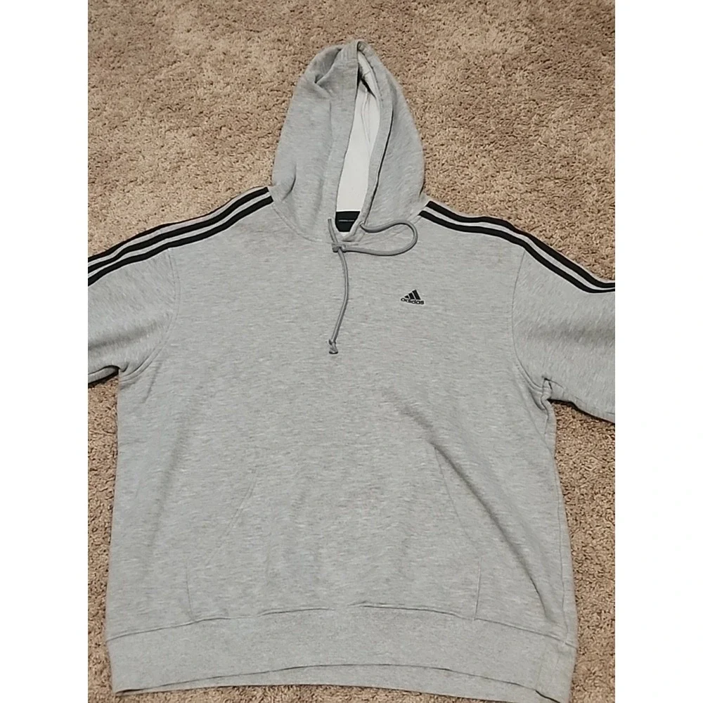 Vintage Adidas‎ Men's Large Hoodie Pullover Gray Striped Sleeves - Excellent
